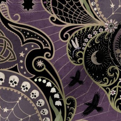 Whimsigothic maximalist purple art nouveau damask - spider, ravens, ouroboros, skulls, sun and moon - large