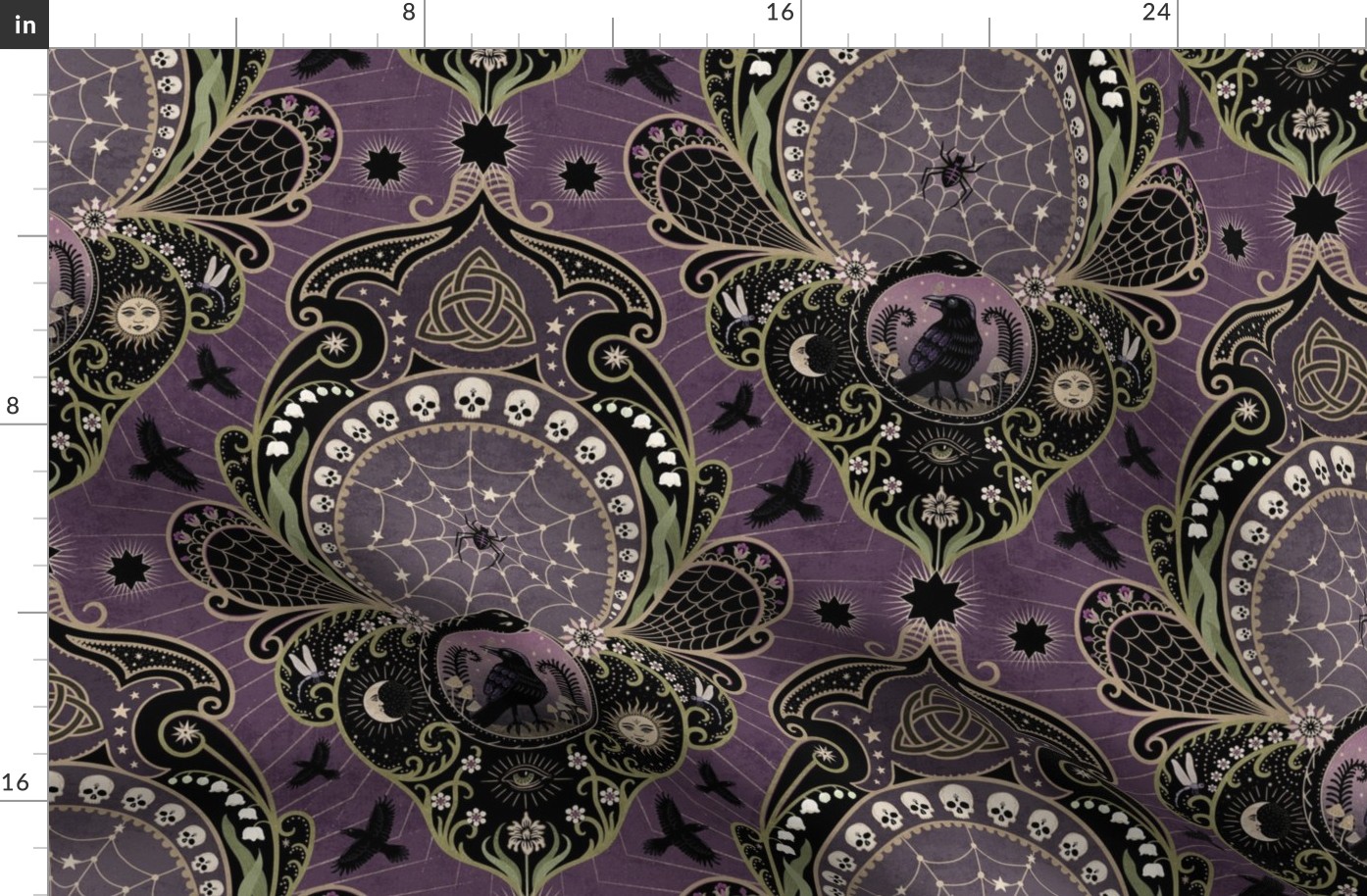 Whimsigothic maximalist purple art nouveau damask - spider, ravens, ouroboros, skulls, sun and moon - large