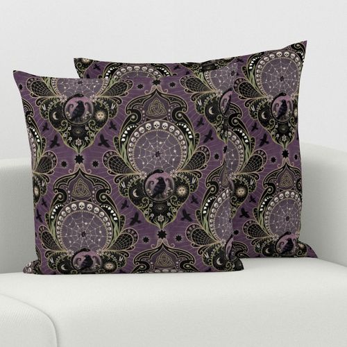 Whimsigothic maximalist purple art nouveau damask - spider, ravens, ouroboros, skulls, sun and moon - mid-large