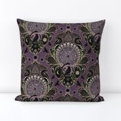 Whimsigothic maximalist purple art nouveau damask - spider, ravens, ouroboros, skulls, sun and moon - mid-large