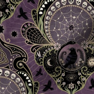 Whimsigothic maximalist purple art nouveau damask - spider, ravens, ouroboros, skulls, sun and moon - mid-large