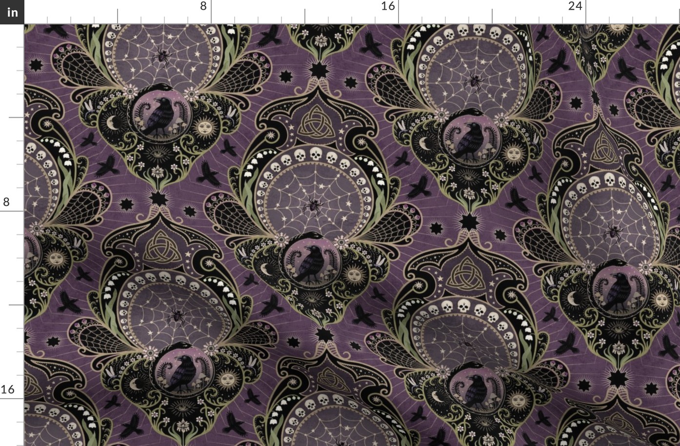 Whimsigothic maximalist purple art nouveau damask - spider, ravens, ouroboros, skulls, sun and moon - mid-large