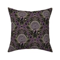 Whimsigothic maximalist purple art nouveau damask - spider, ravens, ouroboros, skulls, sun and moon - medium
