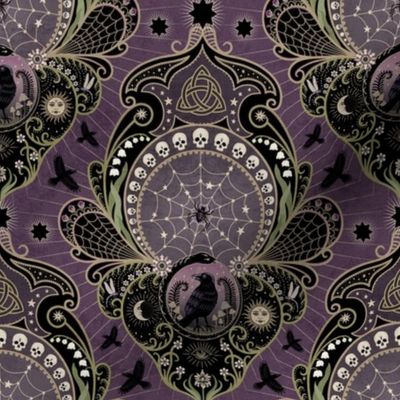 Whimsigothic maximalist purple art nouveau damask - spider, ravens, ouroboros, skulls, sun and moon - medium