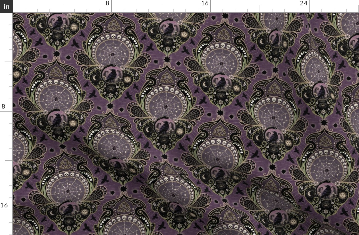 Whimsigothic maximalist purple art nouveau damask - spider, ravens, ouroboros, skulls, sun and moon - medium