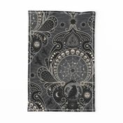 Whimsigothic maximalist warm grey art nouveau damask - spider, ravens, ouroboros, skulls, sun and moon - extra large