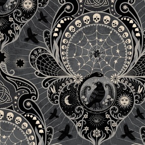 Whimsigothic maximalist warm grey art nouveau damask - spider, ravens, ouroboros, skulls, sun and moon - extra large
