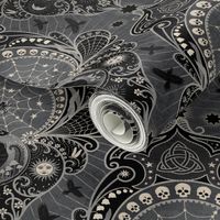 Whimsigothic maximalist warm grey art nouveau damask - spider, ravens, ouroboros, skulls, sun and moon - large