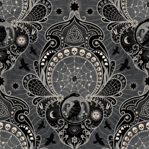 Whimsigothic maximalist warm grey art nouveau damask - spider, ravens, ouroboros, skulls, sun and moon - large