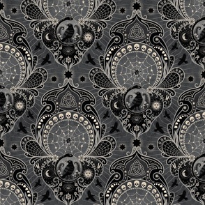 Whimsigothic maximalist warm grey art nouveau damask - spider, ravens, ouroboros, skulls, sun and moon - mid-large