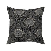 Whimsigothic maximalist warm grey art nouveau damask - spider, ravens, ouroboros, skulls, sun and moon - medium