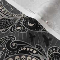 Whimsigothic maximalist warm grey art nouveau damask - spider, ravens, ouroboros, skulls, sun and moon - medium