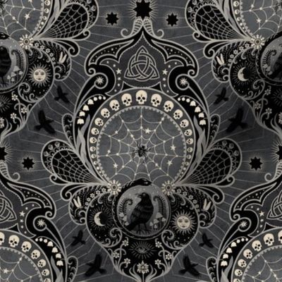 Whimsigothic maximalist warm grey art nouveau damask - spider, ravens, ouroboros, skulls, sun and moon - medium