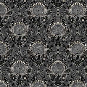 Whimsigothic maximalist warm grey art nouveau damask - spider, ravens, ouroboros, skulls, sun and moon - medium
