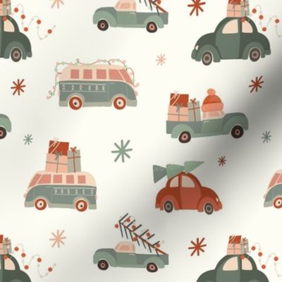 Medium Scale Happy Holiday Vehicles Cars Trucks Vans and Busses Christmas Travel on Ivory