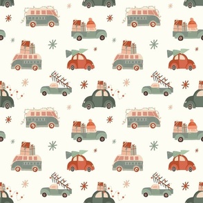 Medium Scale Happy Holiday Vehicles Cars Trucks Vans and Busses Christmas Travel on Ivory