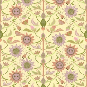 Seamless pattern with flowers and electric, surreal design on a yellow background with linen texture