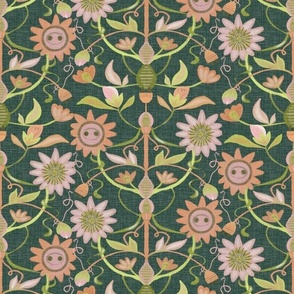 Seamless pattern with flowers and electric, surreal design on a green background with linen texture.