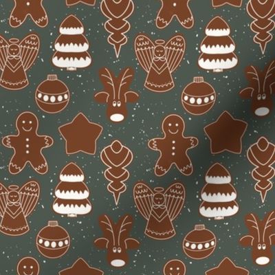 Christmas Gingerbread Cutouts on Holiday Green with Cream Fleck (4x 4in)