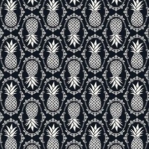 Small Scale Pineapple Fruit Damask Ivory on Black