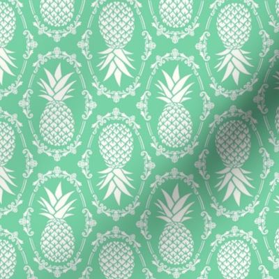 Medium Scale Pineapple Fruit Damask Ivory on Jade