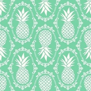 Medium Scale Pineapple Fruit Damask Ivory on Jade