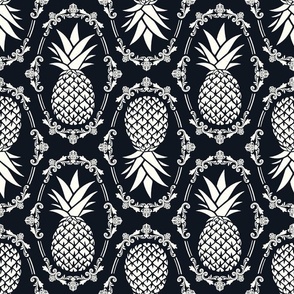 Large Scale Pineapple Fruit Damask Ivory on Black