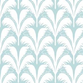 Modern art deco palms in scallop fan design in light teal green blue and white