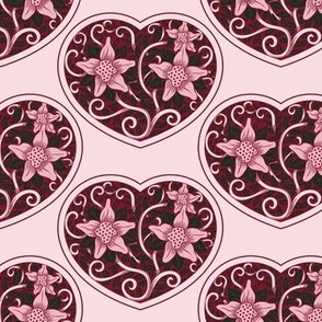 Victorian Heart Floral in Burgundy on Light Cameo Pink - Coordinate