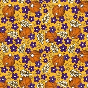 Small Scale Team Spirit Basketball Floral in LA Los Angeles Lakers Colors Purple and Yellow Gold 