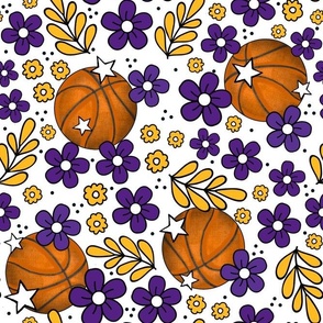 Large Scale Team Spirit Basketball Floral in LA Los Angeles Lakers Colors Purple and Yellow Gold 