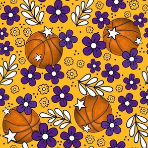 Large Scale Team Spirit Basketball Floral in LA Los Angeles Lakers Colors Purple and Yellow Gold 