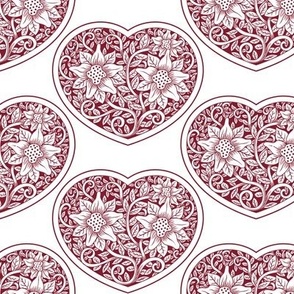Victorian Heart Floral in Burgundy on White - Coordinate