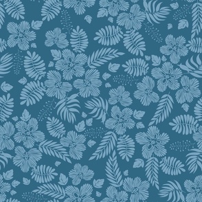 Aloha Hawaii vintage tropical floral print with fantasy flowers and foliage in deep ocean blue and soft blue hues