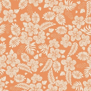 Aloha Hawaii vintage tropical floral print with fantasy flowers and foliage in apricot crush and pannacotta cream