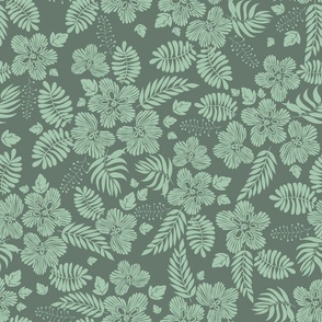 Aloha Hawaii vintage tropical floral print with fantasy flowers and foliage in soft sage green hues