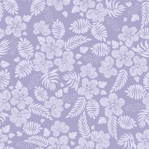 Aloha Hawaii vintage tropical floral print with fantasy flowers and foliage in trending  soft digital lavender hues