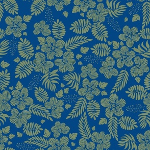 Aloha Hawaii vintage tropical floral print with fantasy flowers and foliage in galactic cobalt blue and sage green