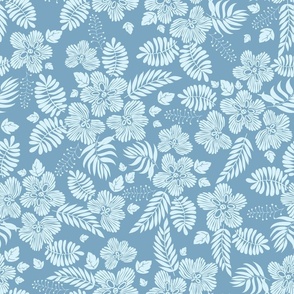Aloha Hawaii vintage tropical floral print with fantasy flowers and foliage in soft blue hues