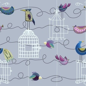 Whimsy Free Birds //  Blue, Pink, Purple, Yellow, White on Gray Background