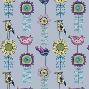 (L) Whimsy Birds in the Folk Art Garden //  Blue, Pink, Purple, Yellow, White on Gray Background