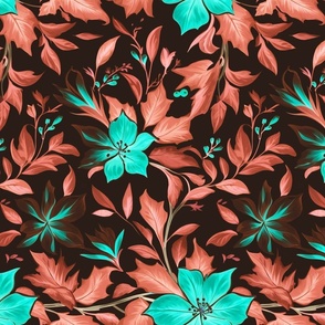 Open Floral Flower and Leaf in Burnt Orange and Turquoise (large scale)
