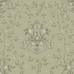 Retro Floral Peonies and Clover Scroll - Monochromatic Olive Green - MEDIUM