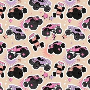 Cool toy monster trucks with stars and lightning comic detailing girls cars design pink lilac peach on cream sand