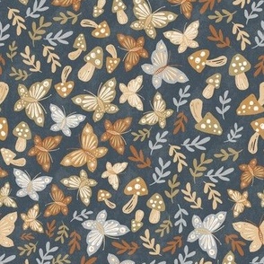 Chalk Art Butterflies and Mushrooms in Navy Blue and Autumnal Rusts, Terracotta and Yellow (Small)