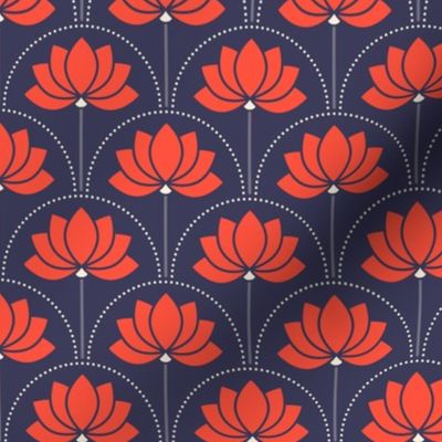 Small scale / Red lotus art deco flowers on navy blue / bold jewel red florals water lilies / modern minimal whimsical blossoms in bright crimson scarlet / dark moody mid mod background