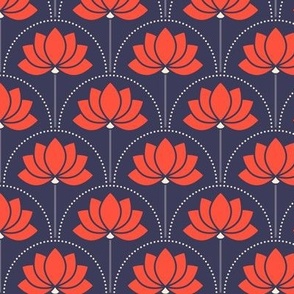 Small scale / Red lotus art deco flowers on navy blue / bold jewel red florals water lilies / modern minimal whimsical blossoms in bright crimson scarlet / dark moody mid mod background