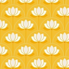 Small scale / Creamy beige lotus art deco flowers on yellow / soft light pastel off white ivory blossoms water lilies florals on bright bold happy warm sunny goldenrod / mid mod spa yoga zen nursery