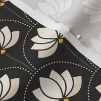 Small scale / Beige art deco lotus flowers on black / monochromatic light creamy off white ivory tan water lilies florals with yellow on dark moody mid mod background / bold modern whimsical blossoms