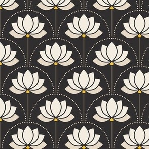 Small scale / Beige art deco lotus flowers on black / monochromatic light creamy off white ivory tan water lilies florals with yellow on dark moody mid mod background / bold modern whimsical blossoms